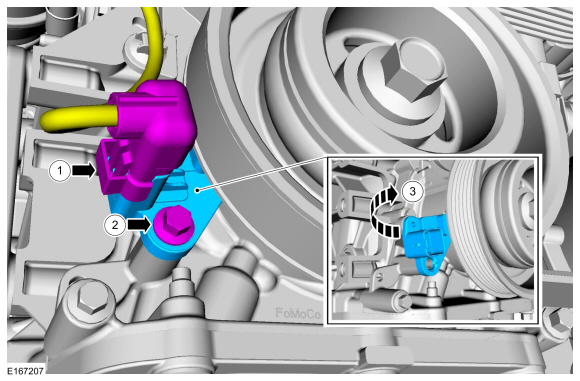 Ford Fusion. Crankshaft Position (CKP) Sensor. Removal and Installation